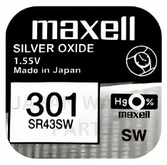 Maxell 301 SR43SW 1.55v Silver Oxide, Mercury Free Watch Battery - Made In Japan
