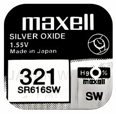 Maxell 321 SR616SW 1.55v Silver Oxide, Mercury Free Watch Battery - Made In Japan