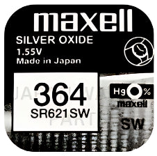 Maxell 364 SR621SW 1.55v Silver Oxide, Mercury Free Watch Battery - Made In Japan