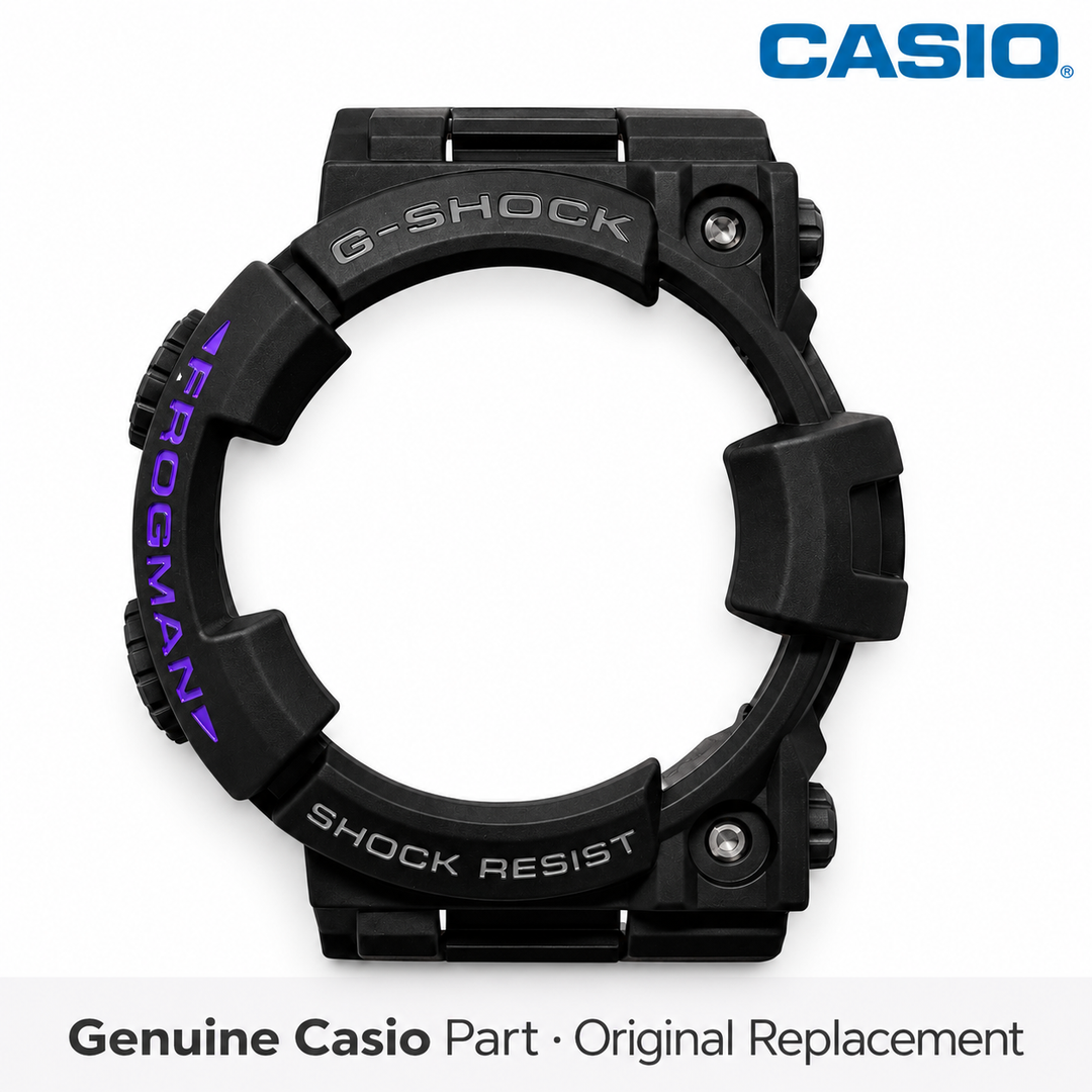 Genuine Casio G-Shock Frogman black resin bezel with purple lettering, part 10384430, fits GWF-1000, GF-1000 and GF-1000BP