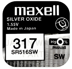 Maxell 317 SR516SW 1.55v Silver Oxide, Mercury Free Watch Battery - Made In Japan