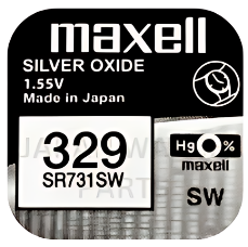 Maxell 329 SR731SW 1.55v Silver Oxide, Mercury Free Watch Battery - Made In Japan