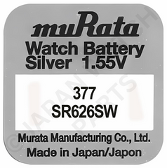 Murata 377 SR626SW 1.55v Silver Oxide, Mercury Free Watch Battery - Made In Japan