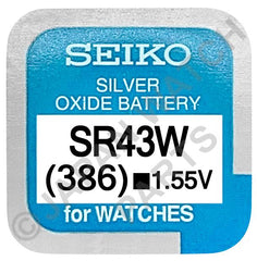 Seiko 386 SR43W 1.55v Silver Oxide, Mercury Free Watch Battery - Made In Japan